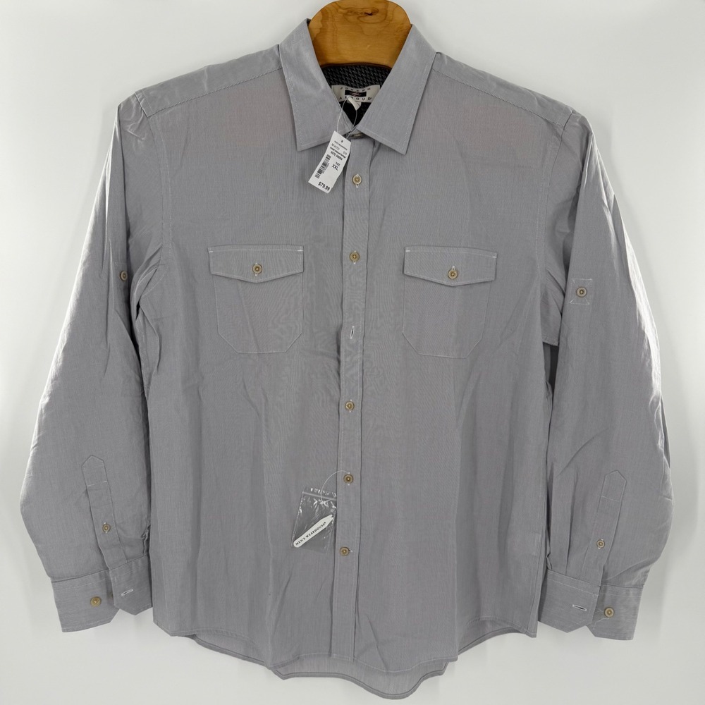 Joseph Abboud Heritage Mens XXL Grey Stripe Cotton Roll Tab Button Down Shirt